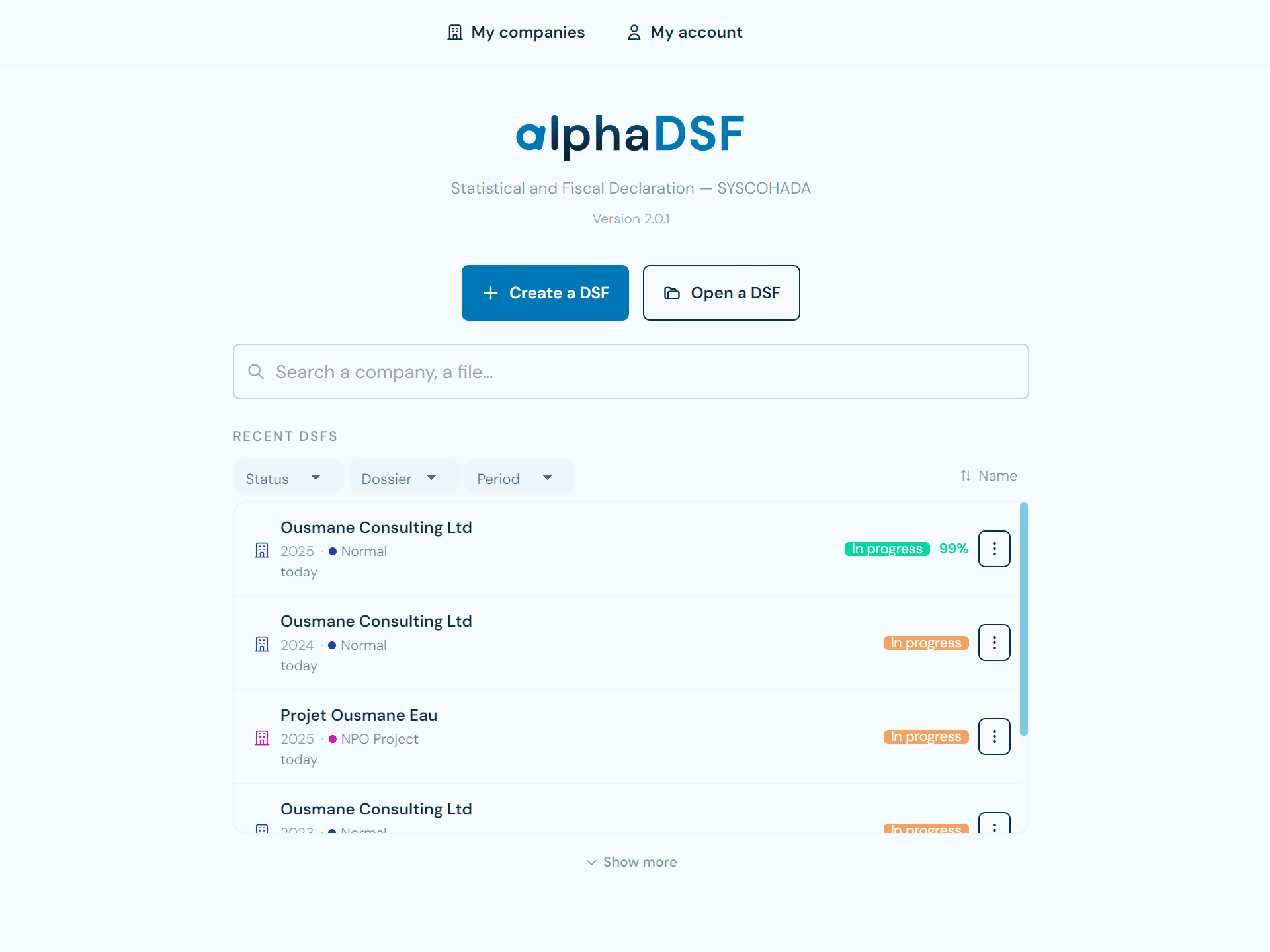 alphaDSF home screen: recent DSFs with filters by status, type of file and period, sorting and progress percentage