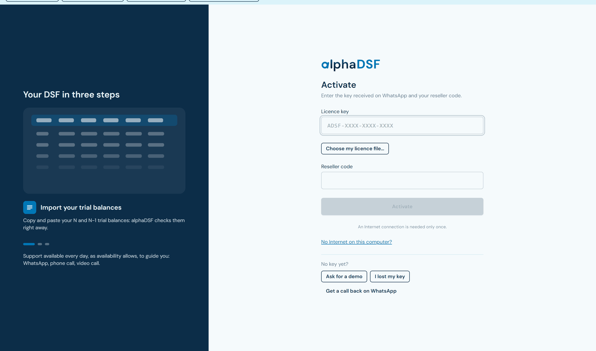 alphaDSF activation screen: “Licence key” field, “Reseller code” field and Activate button