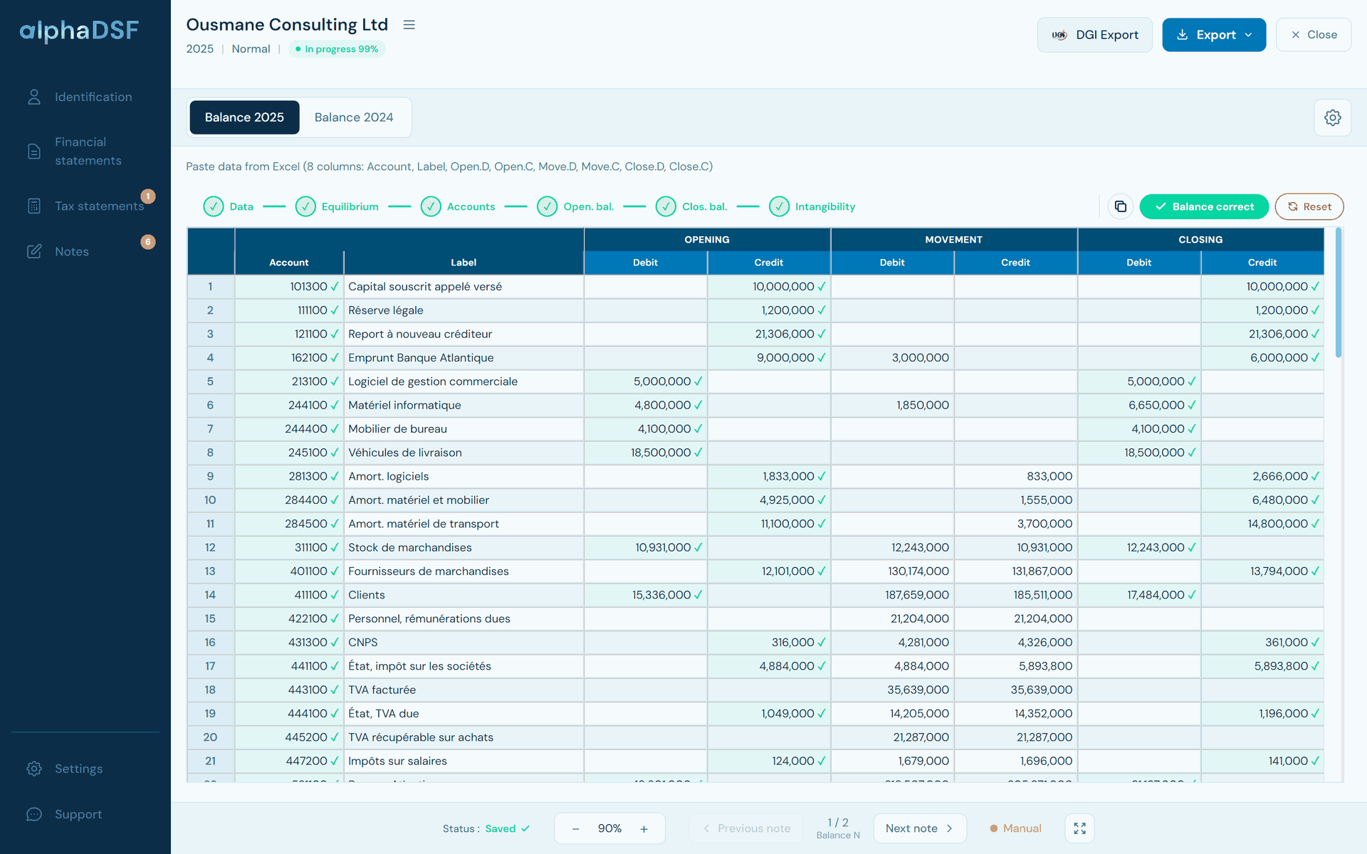 alphaDSF trial balance window: six checks in green and every account ticked