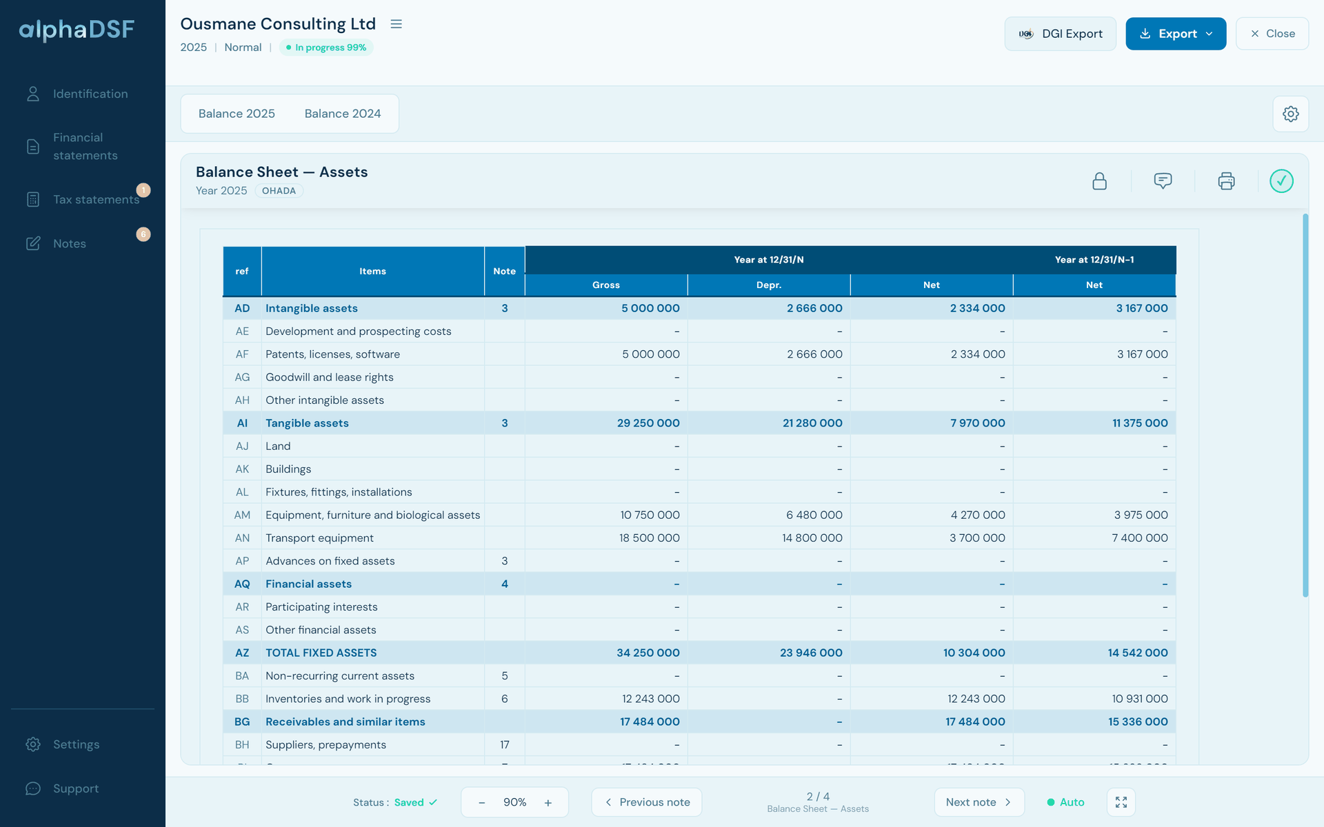 Balance sheet assets computed by alphaDSF from the trial balance: fixed assets, depreciation and net amounts for the year