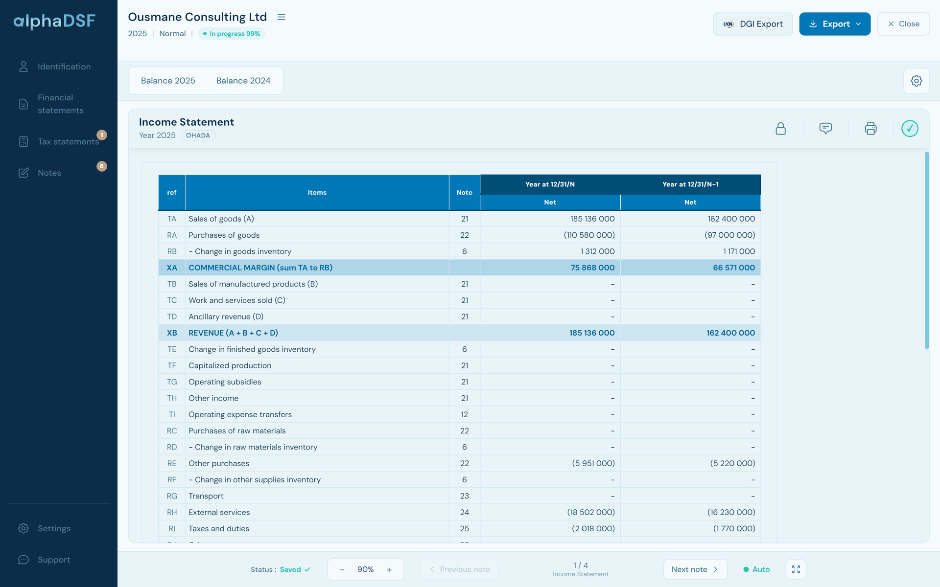 SYSCOHADA income statement computed by alphaDSF: sales, purchases, gross margin and revenue, current and prior year