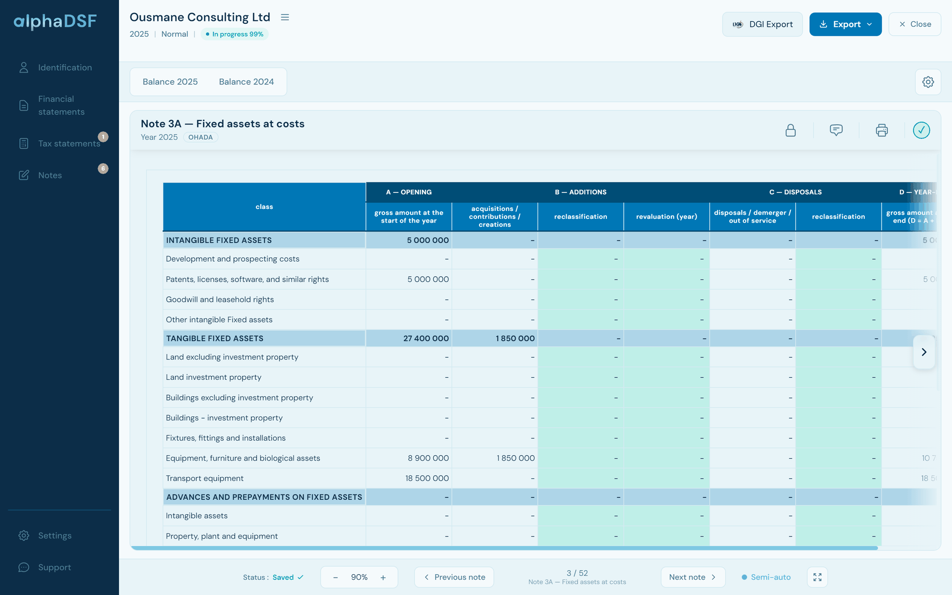 Note 3A “Fixed assets at cost” in alphaDSF: amounts taken from the trial balance, cells to complete in green