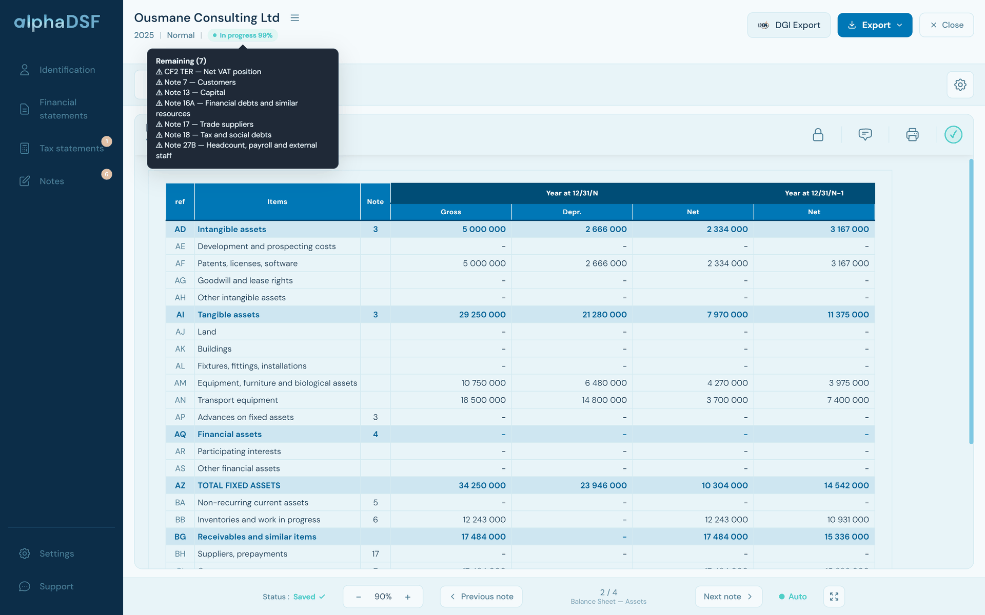 alphaDSF “Remaining” list: DSF in progress at 99 % and the notes still to complete