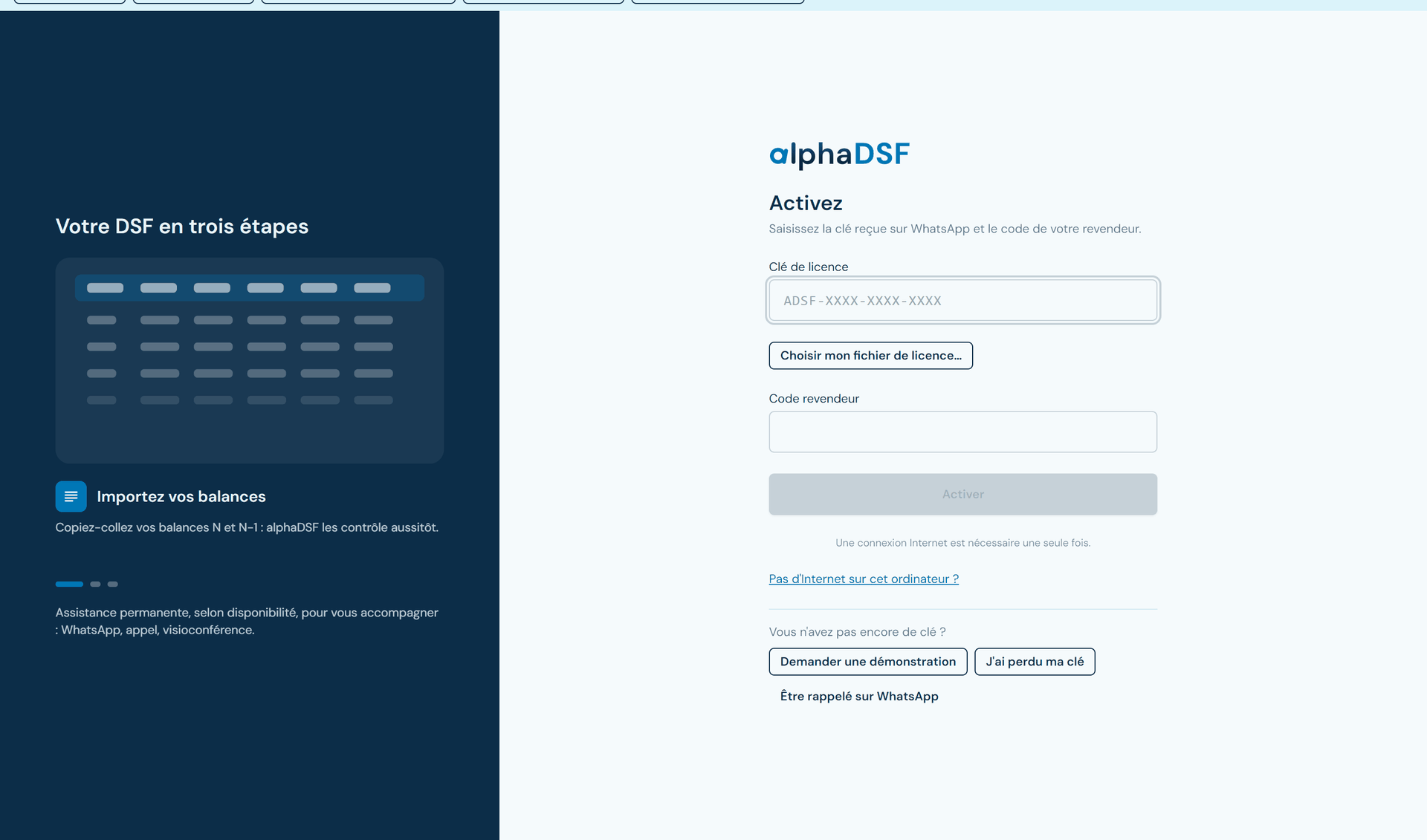 Écran d'activation d'alphaDSF : champ « Clé de licence », champ « Code revendeur » et bouton Activer