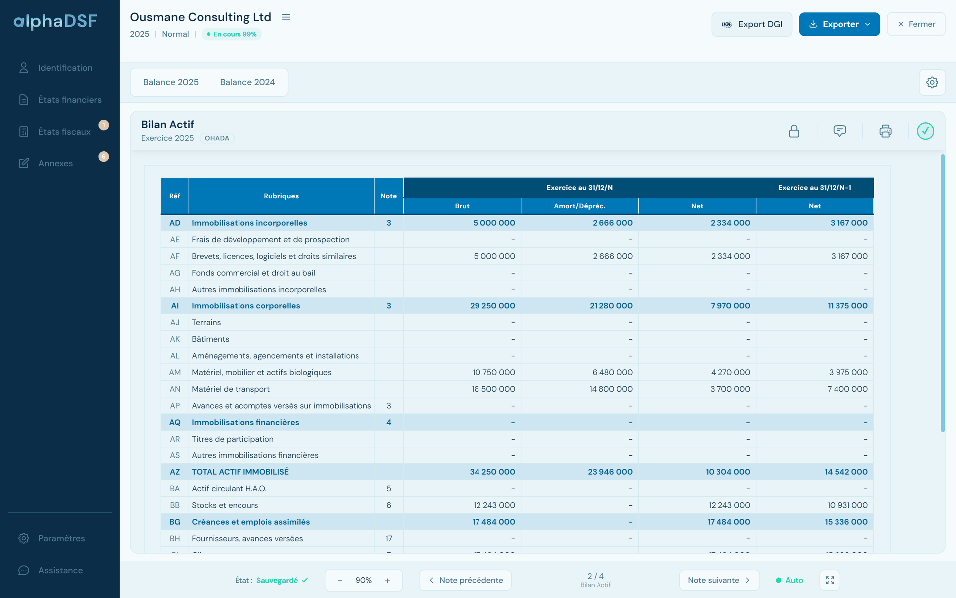 Bilan actif calculé par alphaDSF depuis la balance : immobilisations, amortissements et montants nets de l'exercice