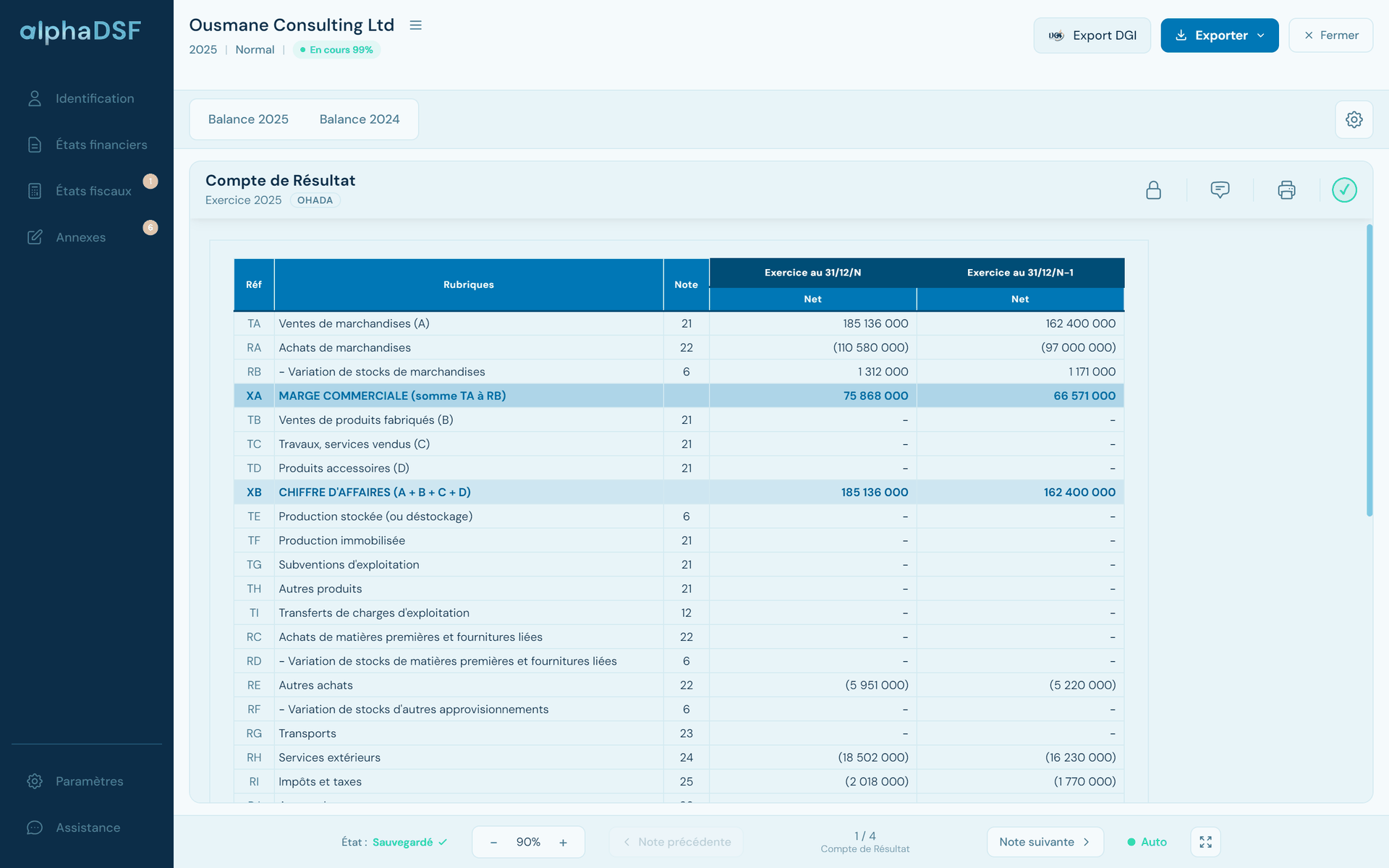 Compte de résultat SYSCOHADA calculé par alphaDSF : ventes, achats, marge commerciale et chiffre d'affaires, exercice et exercice précédent
